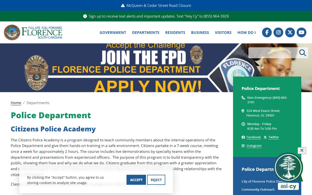 Florence Police Department website for Florence released inmates