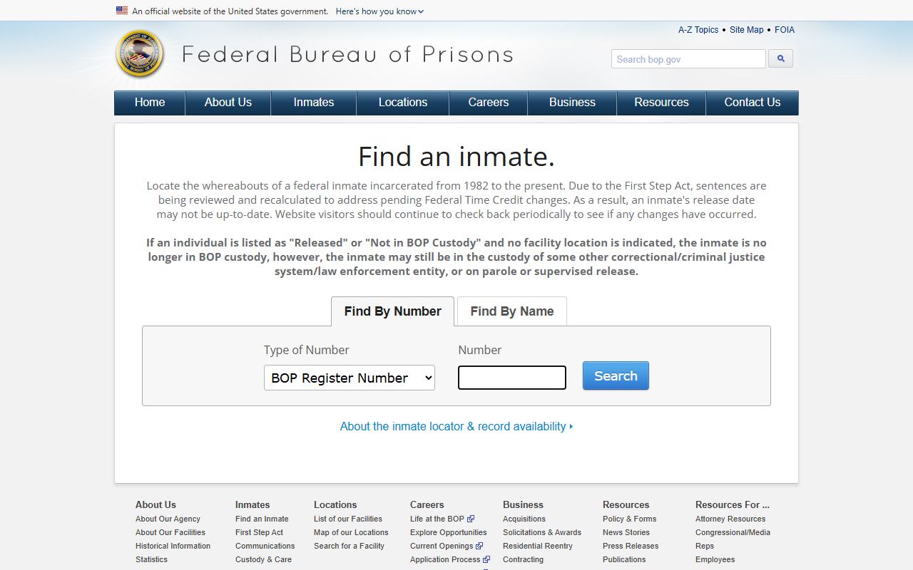 Federal Bureau of Prisons inmate locator for South Carolina federal inmates and released offenders