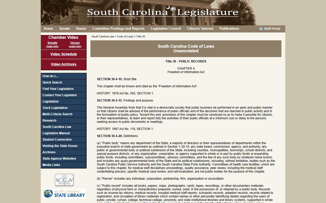 South Carolina FOIA statutes governing public access to released inmate records