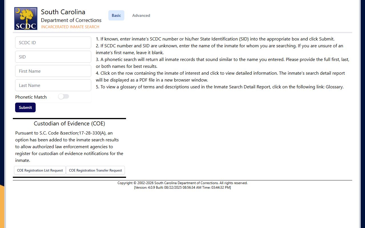 SCDC current inmate search portal for South Carolina state prisoners
