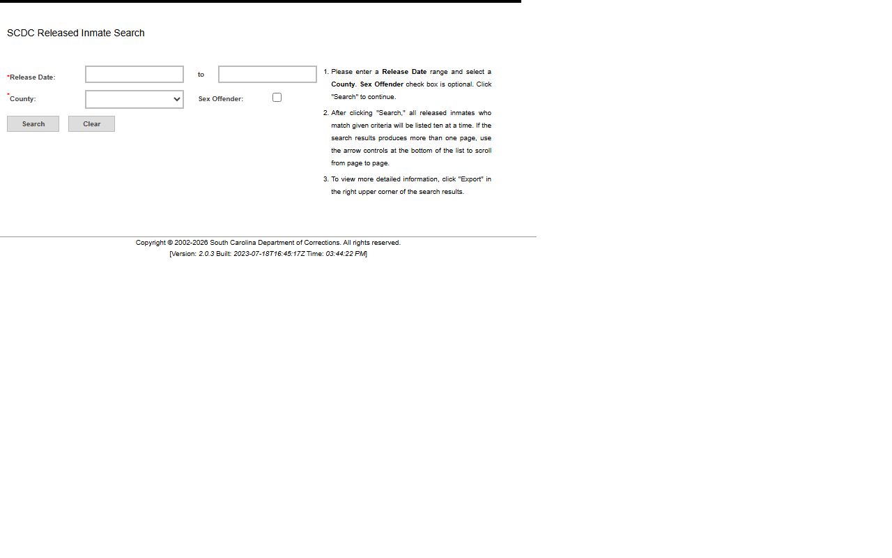 SCDC Released Inmate Search interface for South Carolina released inmate records