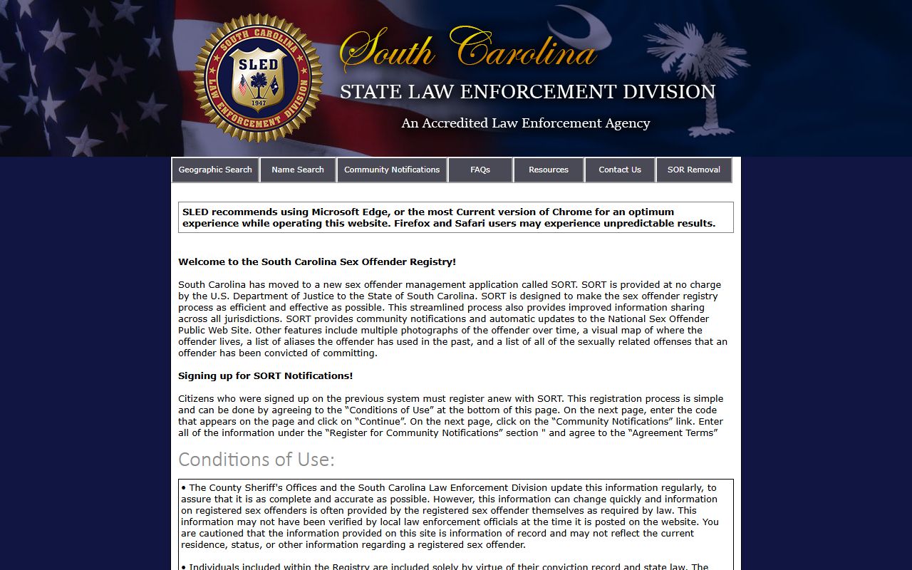 South Carolina Sex Offender Registry search page for released inmates with sex offense convictions