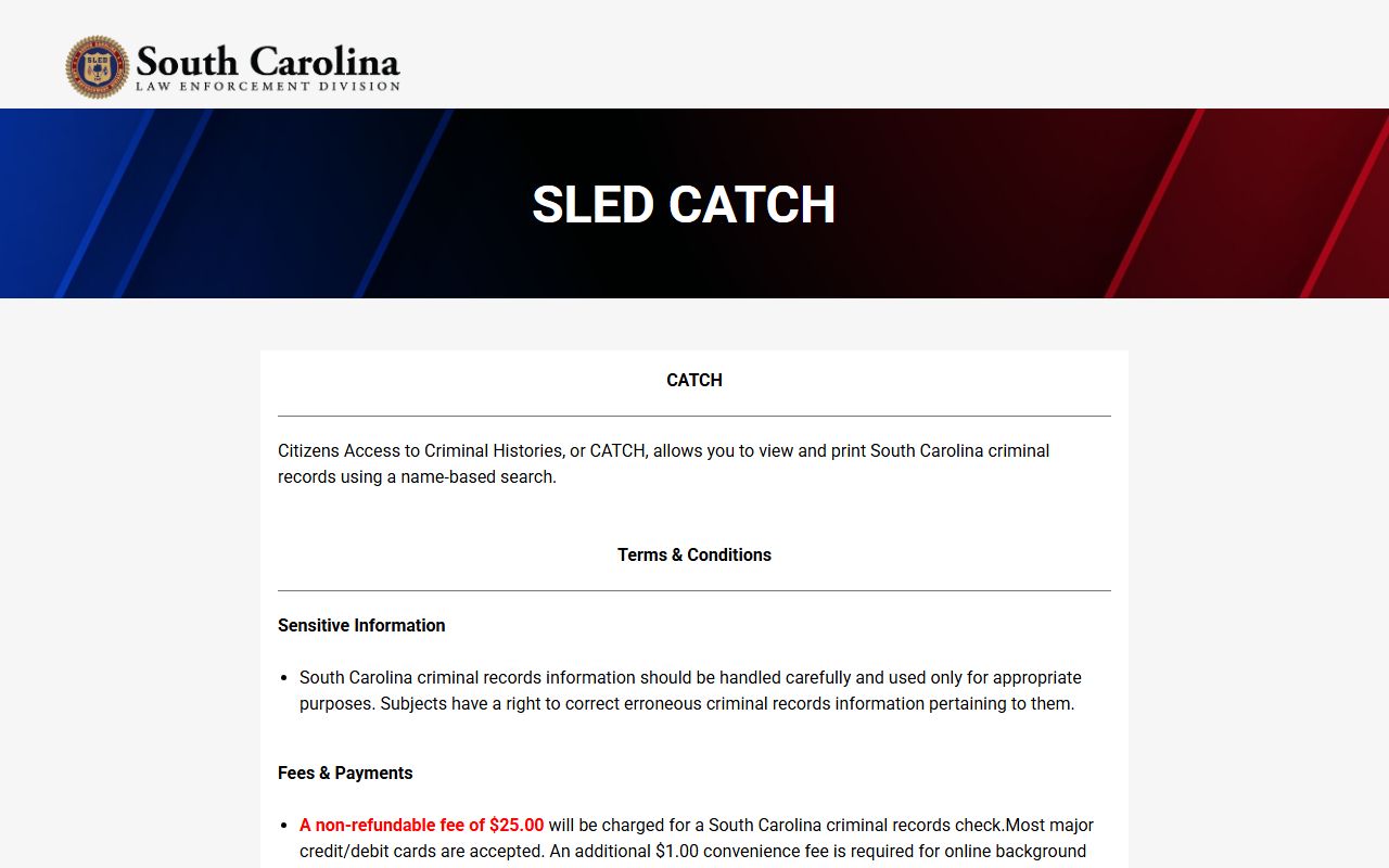SLED CATCH portal for South Carolina criminal history and released inmate background checks